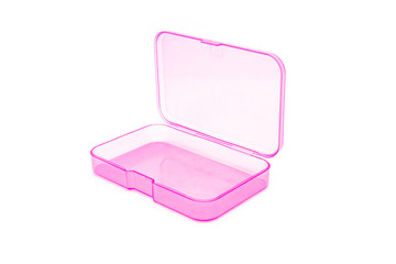 A flat plastic transparent container is isolated on a white background
