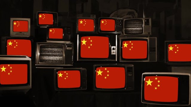 China flags and Vintage Televisions. Sepia Tone. Zoom In.
