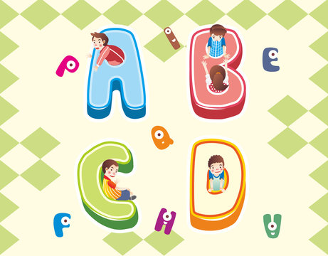 ABCD Alphabet Icon, Kid Playing In Alphabet ABCD Icon Illustration Vector