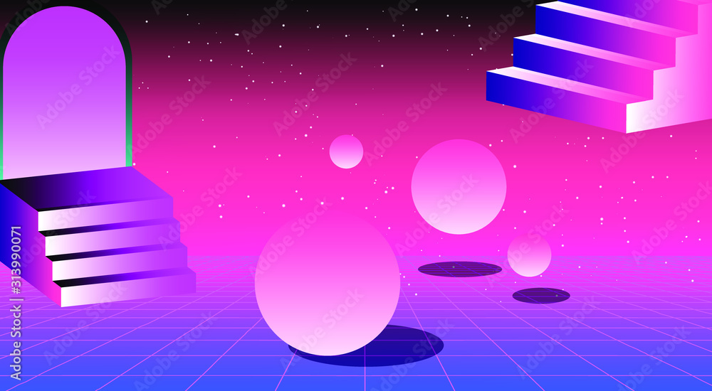 Poster Retrowave/ vaporwave/ synthwave style illustration with staircase and arch on laser grid with floating in zero gravity spheres above. Surreal retrofuturistic backround.