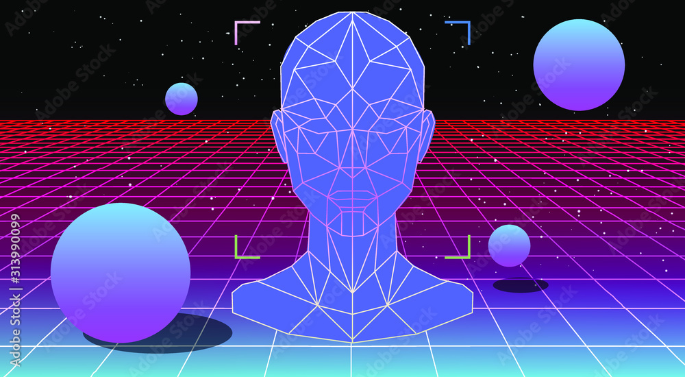 Poster Retrowave/ vaporwave/ synthwave style illustration with 3d grid of human head with floating in zero gravity spheres on laser grid. Surreal retrofuturistic backround.