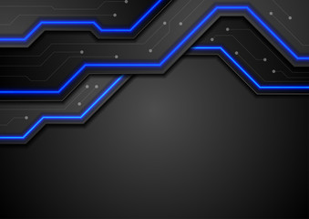 Abstract black tech circuit board background with blue neon lines. Vector design