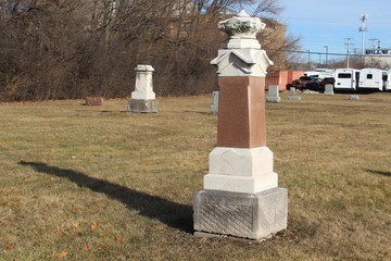 Two obelisks at a tiny suburban Chicago cemetery