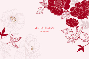 abstract red peony and gold light gradient lines background vector Illustration for card invite , wallpaper.