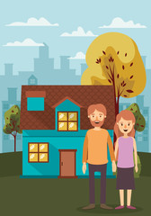 Couple of woman and man house and trees vector design