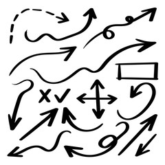 Hand drawn arrows vector icons set. Arrow design for application, doodle, business planing and graphic design element. 