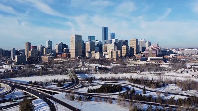 Edmonton Skyline in winter. Aerial footage