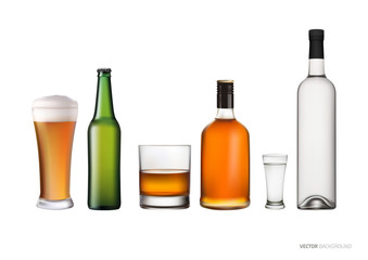 Set with various glasses and bottles of alcohol