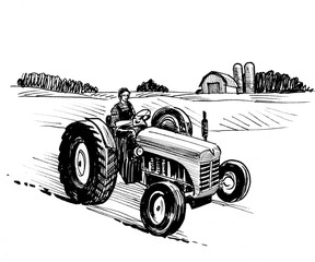Farmer driving a tractor. Ink black and white drawing