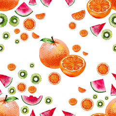 Seamless pattern with watermelon, orange, kiwi fruit wallpaper by hand  drawn watercolor. Colorful splashing in the paper for background fabric, textile, gift wrapping paper. 