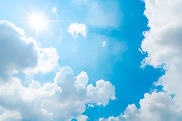 Foto auf Acrylglas The blue summer sky with white fluffy clouds. Photo from window on the airplane. © NaPUN