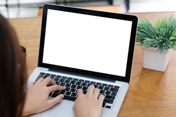 Laptop mock up, Woman hands typing computer with blank screen for template background, Laptop with...
