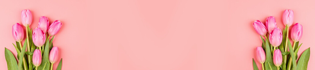 View from above tulips and gift box with copy space. Background for womens day, 8 March Valentines day, 14 february. Flat lay style, top view, mockup, template, overhead. Greeting card