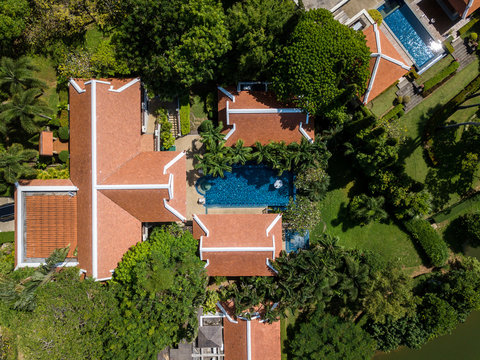 Bird eye view from drone picture of luxury pool villa