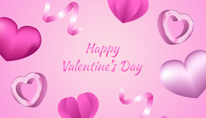 Happy Valentines Day Background with 3d heart shape, paper love, ribbon and gift box in pink and white color, applicable for invitation, greeting, celebration card