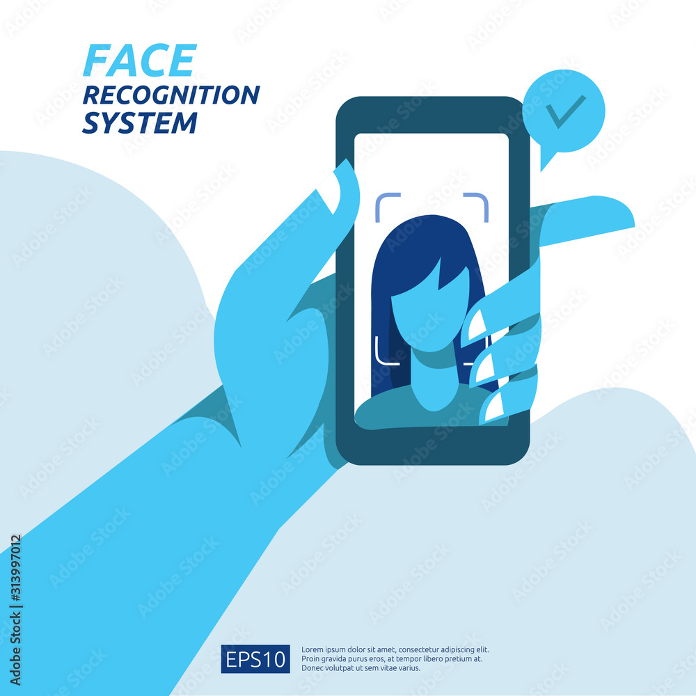 Poster face recognition system scanning on smartphone. facial biometric data identification security. web l