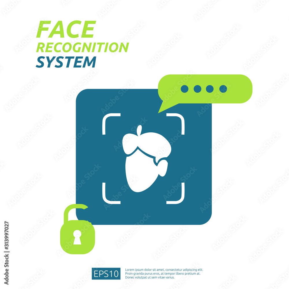 Poster face recognition system scanning on smartphone. facial biometric data identification security. web l
