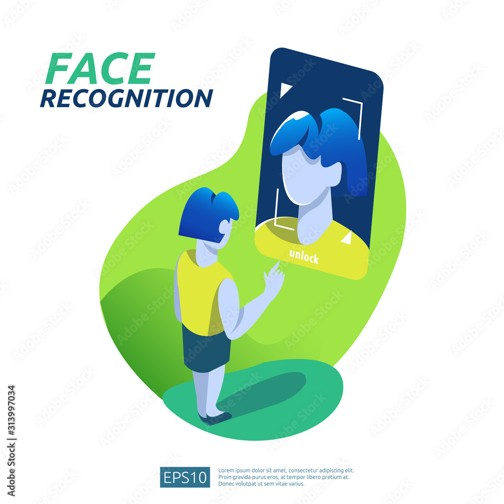 Poster face recognition system scanning on smartphone. facial biometric data identification security. web l