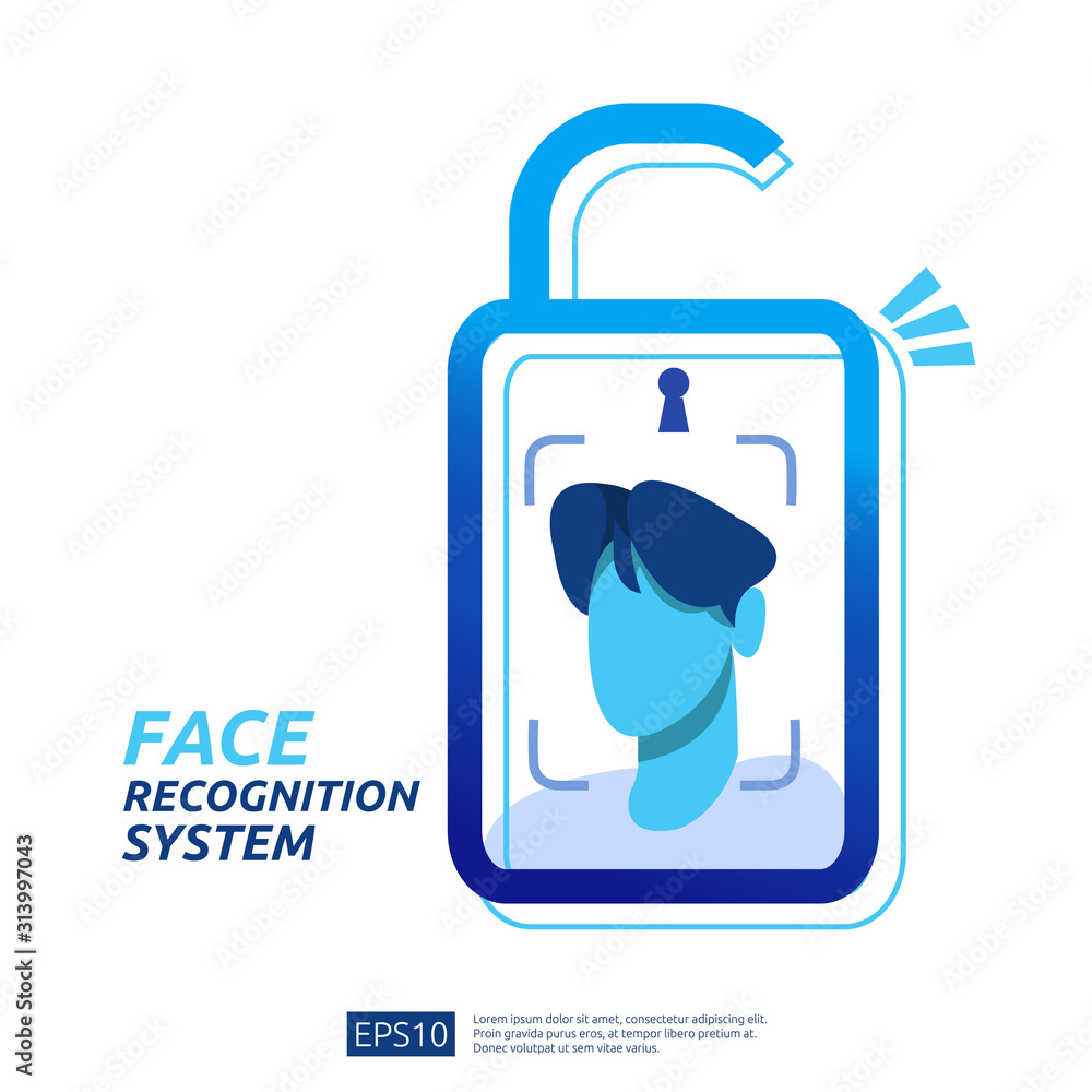 Poster face recognition system scanning on smartphone. facial biometric data identification security. web l