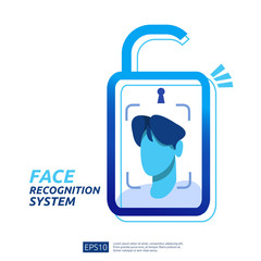 Face recognition system scanning on smartphone. facial biometric data identification security. web landing page template, banner, presentation, social, poster, ad, promotion or print media.