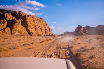 Wadi Ram desert with car., Red sand Dune in the Wadi Ram desert. Jordan landscape