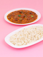 Rajma Chawal or Rajma Jeera Chawal (Rice) is a Traditional North Indian Food, Consisting of Cooked Red Kidney Beans in a Thick Gravy with Spices. Served with Jeera Rice
