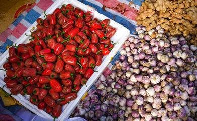 Fresh garlic on market table