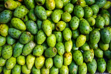 Green opuntia fruits on a local market