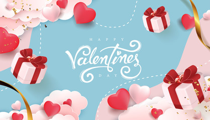 Valentines day background with Heart Shaped Balloons and gift falling. Vector illustration.banners.Wallpaper.flyers, invitation, posters, brochure, voucher discount.