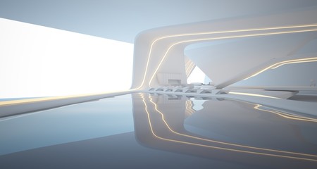 Fototapeta premium Abstract architectural white smooth interior of a minimalist house with swimming pool and neon lighting. 3D illustration and rendering.