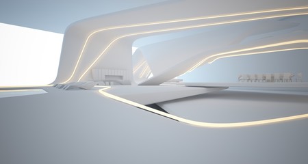 Abstract architectural white smooth interior of a minimalist house with swimming pool and neon lighting. 3D illustration and rendering.