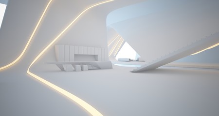 Obraz premium Abstract architectural white smooth interior of a minimalist house with swimming pool and neon lighting. 3D illustration and rendering.