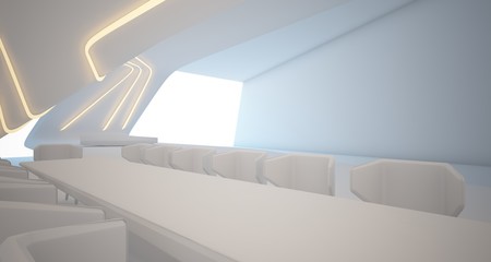 Obraz premium Abstract architectural white smooth interior of a minimalist house with swimming pool and neon lighting. 3D illustration and rendering.