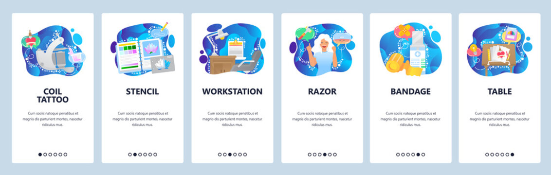Tattoo salon accessories, table, razor, tattoo coil, stencil. Mobile app onboarding screens. Menu vector banner template for website and mobile development. Web site design flat illustration