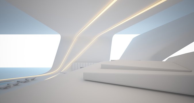 Abstract Architectural White Smooth Interior Of A Minimalist House With Swimming Pool And Neon Lighting. 3D Illustration And Rendering.