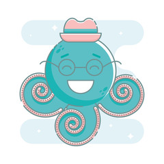 Hipster octopus in flat line style.