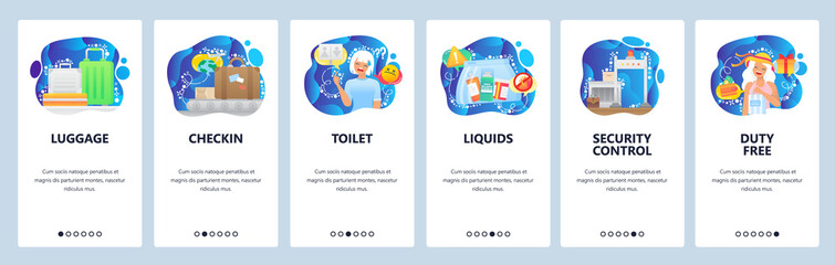Airport terminal icons, baggage belt, liquids, security control, duty free. Mobile app onboarding screens. Menu vector banner template for website and mobile development. Web site design illustration