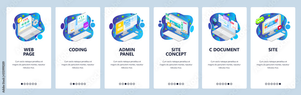 Poster coding, web development, admin panel, isometric icons. mobile app onboarding screens. menu vector ba