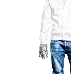 Man with a prosthetic arm on an isolated background.