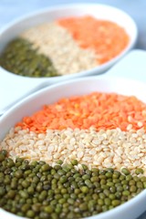 Beautiful Indian tricolor flag or tiranga flag is made out of pulses or lentils for the occasion of Indian Republic day or Independence day. Copy space