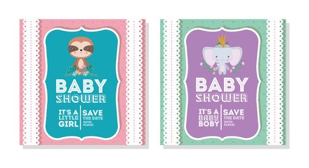 Baby shower invitation with elephant and sloth cartoon vector design