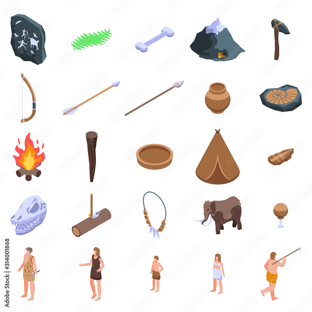 Poster stone age icons set. isometric set of stone age vector icons for web design isolated on white backgr