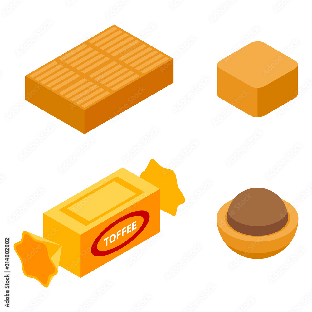 Poster toffee icons set. isometric set of toffee vector icons for web design isolated on white background