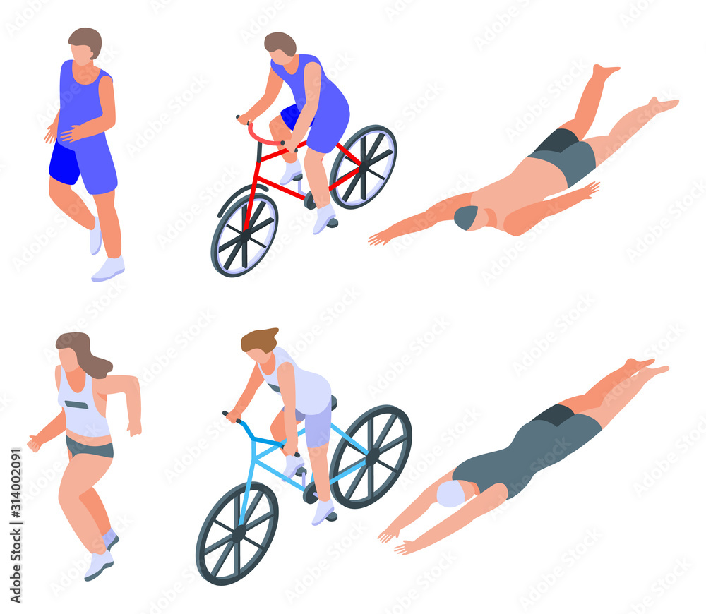Poster triathlon icons set. isometric set of triathlon vector icons for web design isolated on white backgr