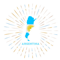 Argentina sunburst badge. The country sign with map of Argentina with Argentinean flag. Colorful rays around the logo. Vector illustration.