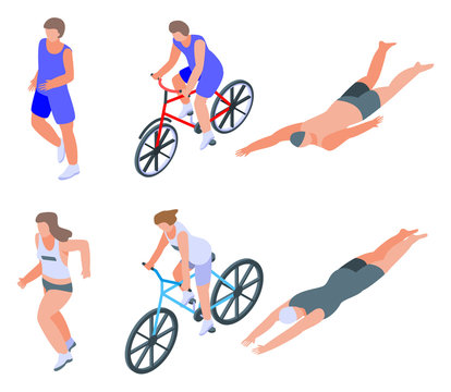 Triathlon icons set. Isometric set of triathlon vector icons for web design isolated on white background