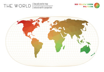 Triangular mesh of the world. Natural Earth II projection of the world. Red Yellow Green colored polygons. Stylish vector illustration.