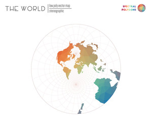 Fototapeta na wymiar Vector map of the world. Stereographic of the world. Spectral colored polygons. Creative vector illustration.