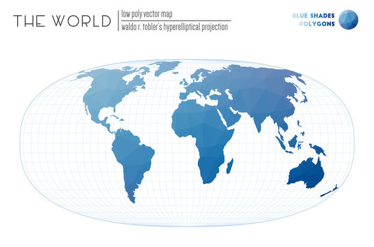 Polygonal World Map. Waldo R. Tobler's Hyperelliptical Projection Of The World. Blue Shades Colored Polygons. Creative Vector Illustration.