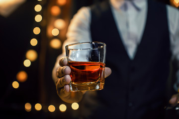 Bartender Serve Whiskey, on wood bar,